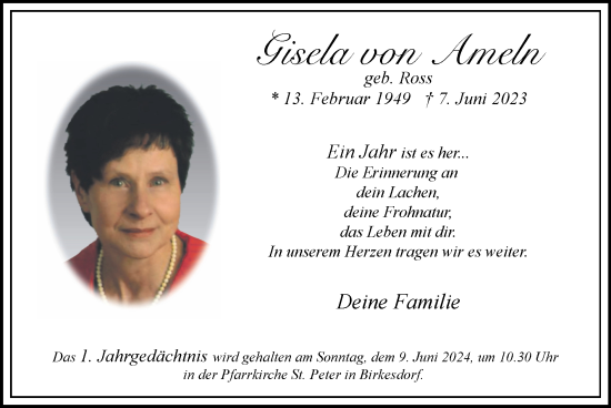Traueranzeige von Gisela von Ameln von Zeitung am Sonntag