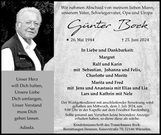 Traueranzeige von Günter Bock von Zeitung am Sonntag