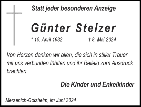 Traueranzeige von Günter Stelzer von Zeitung am Sonntag