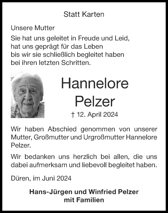 Traueranzeige von Hannelore Pelzer von Zeitung am Sonntag
