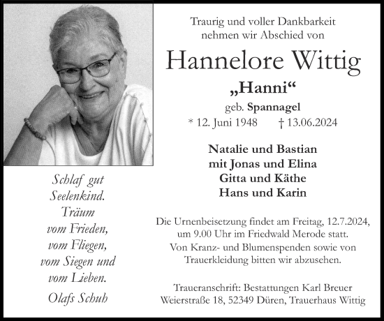 Traueranzeige von Hannelore Wittig von Zeitung am Sonntag