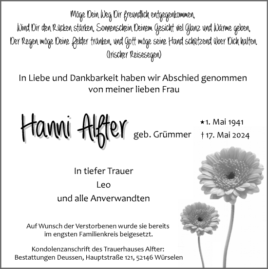 Traueranzeige von Hanni Alfter von Zeitung am Sonntag