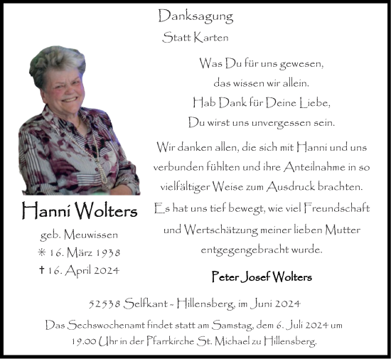 Traueranzeige von Hanni Wolters von Zeitung am Sonntag