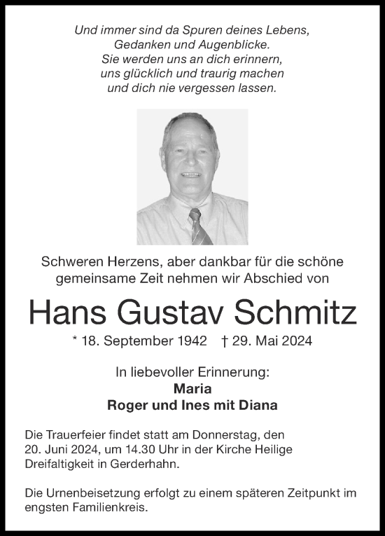 Traueranzeige von Hans Gustav Schmitz von Zeitung am Sonntag