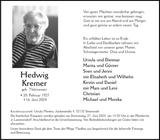 Traueranzeige von Hedwig Kremer von Aachener Zeitung