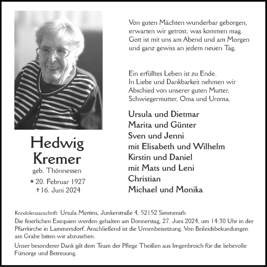 Traueranzeige von Hedwig Kremer von Zeitung am Sonntag