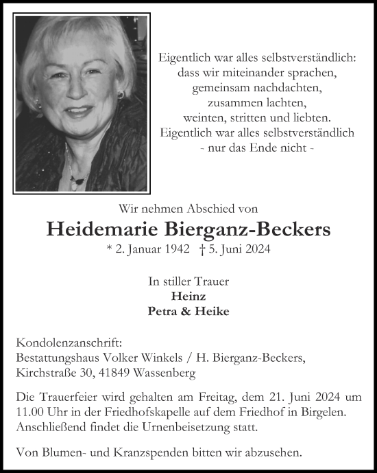 Traueranzeige von Heidemarie Bierganz-Beckers von Zeitung am Sonntag