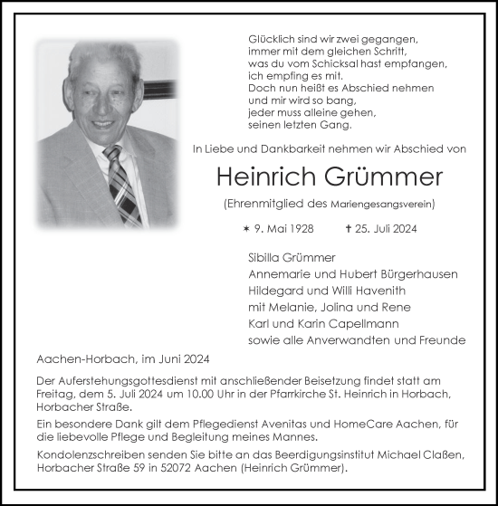 Traueranzeige von Heinrich Grümmer von Aachener Zeitung