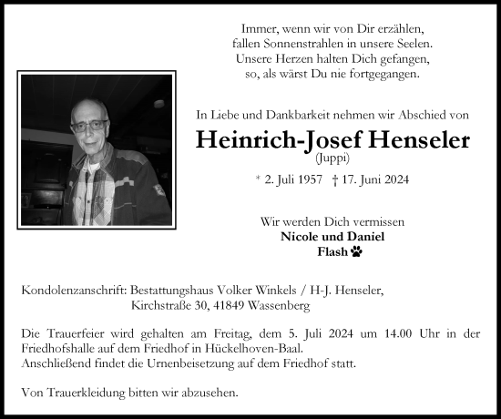 Traueranzeige von Heinrich-Josef Henseler von Zeitung am Sonntag