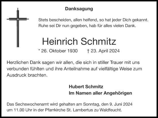 Traueranzeige von Heinrich Schmitz von Zeitung am Sonntag