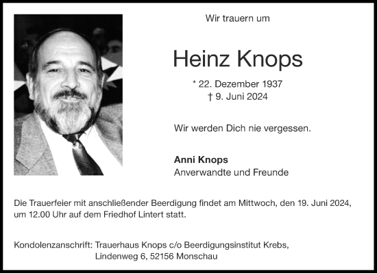 Traueranzeige von Heinz Knops von Aachener Zeitung