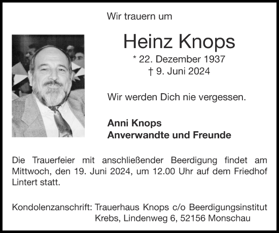 Traueranzeige von Heinz Knops von Zeitung am Sonntag