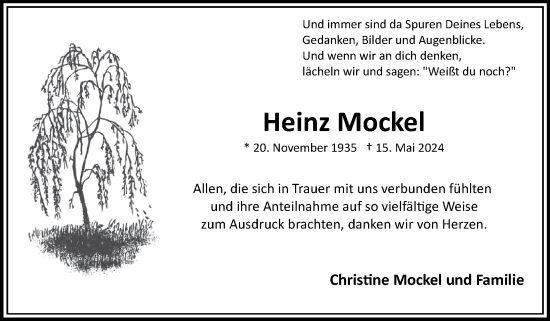 Traueranzeige von Heinz Mockel von Zeitung am Sonntag