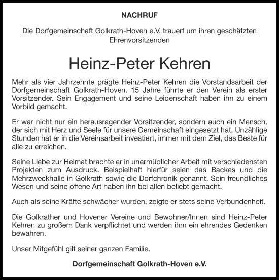 Traueranzeige von Heinz-Peter Kehren von Zeitung am Sonntag