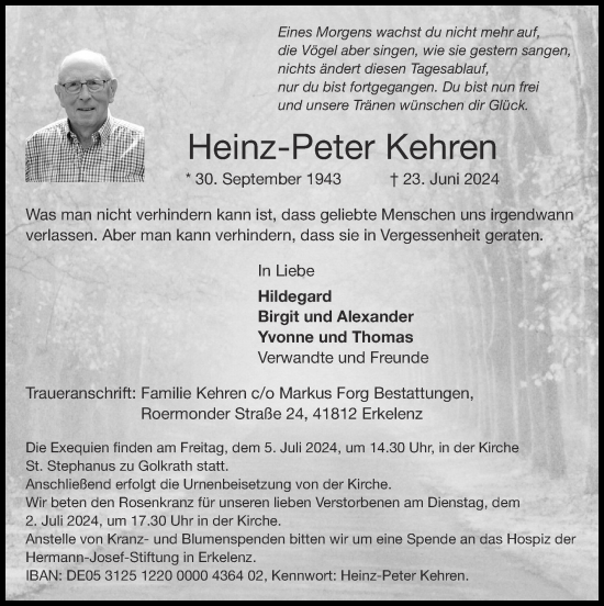 Traueranzeige von Heinz-Peter Kehren von Zeitung am Sonntag