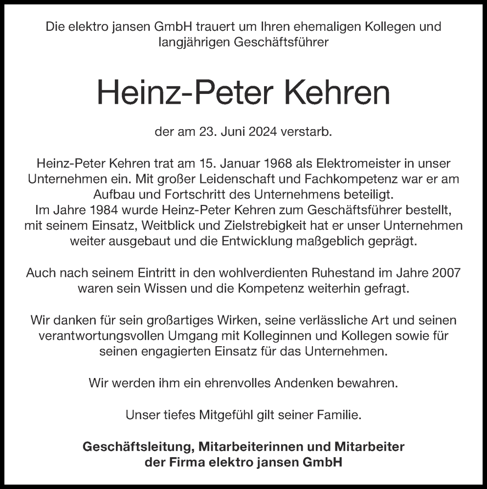  Traueranzeige für Heinz-Peter Kehren vom 30.06.2024 aus Zeitung am Sonntag