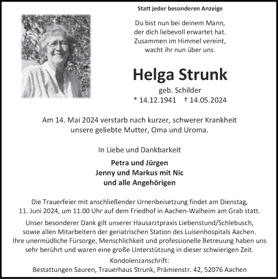 Traueranzeige von Helga Strunk von Zeitung am Sonntag