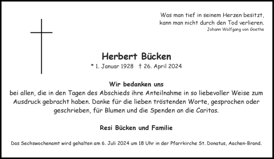 Traueranzeige von Herbert Bücken von Aachener Zeitung