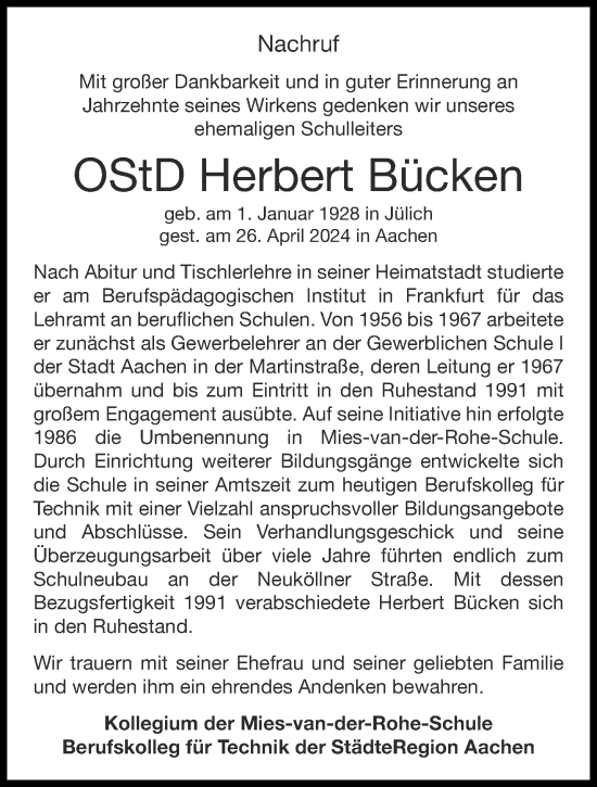 Traueranzeige von Herbert Bücken von Aachener Zeitung