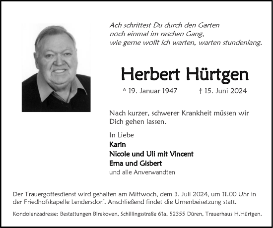 Traueranzeige von Herbert Hürtgen von Zeitung am Sonntag