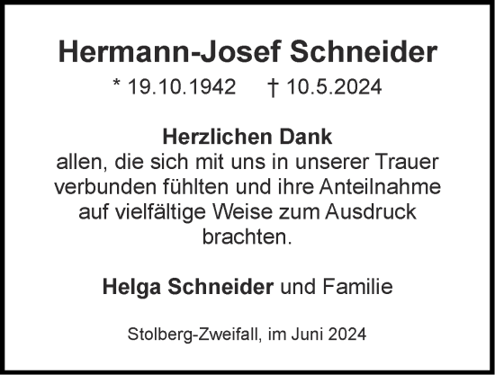 Traueranzeige von Hermann-Josef Schneider von Zeitung am Sonntag