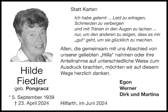 Traueranzeige von Hilde Fiedler von Zeitung am Sonntag