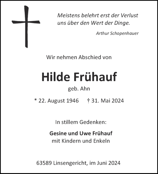 Traueranzeige von Hilde Frühauf von Aachener Zeitung
