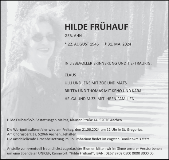 Traueranzeige von Hilde Frühauf von Aachener Zeitung