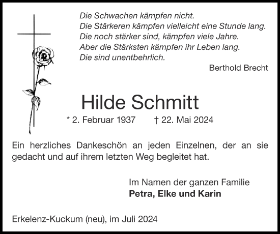 Traueranzeige von Hilde Schmitt von Zeitung am Sonntag