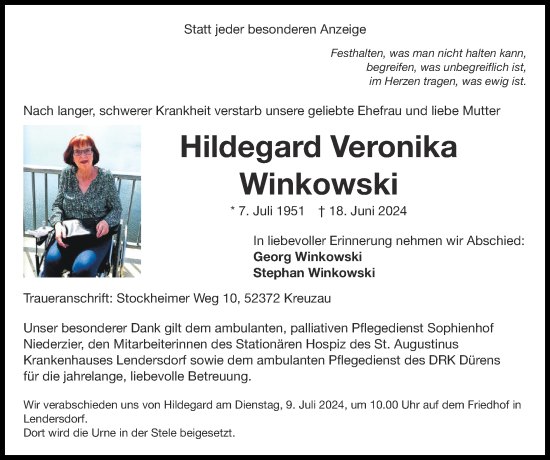 Traueranzeige von Hildegard Veronika Winkowski von Zeitung am Sonntag