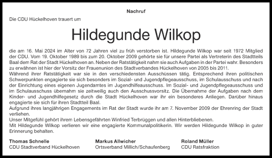 Traueranzeige von Hildegunde Wilkop von Zeitung am Sonntag