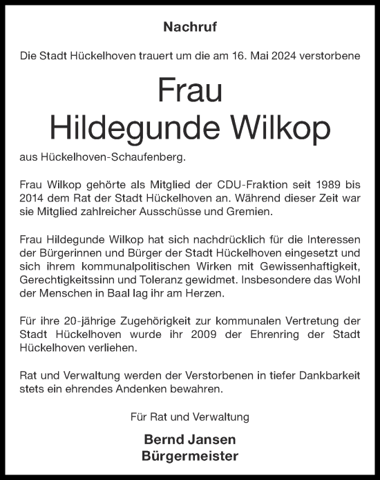 Traueranzeige von Hildegunde Wilkop von Zeitung am Sonntag