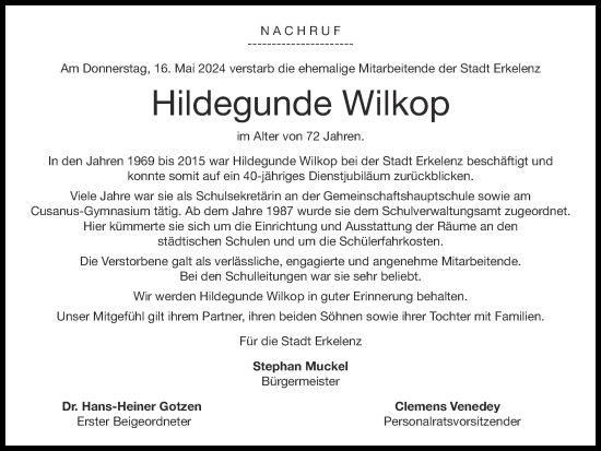 Traueranzeige von Hildegunde Wilkop von Zeitung am Sonntag