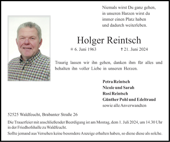 Traueranzeige von Holger Reintsch von Zeitung am Sonntag