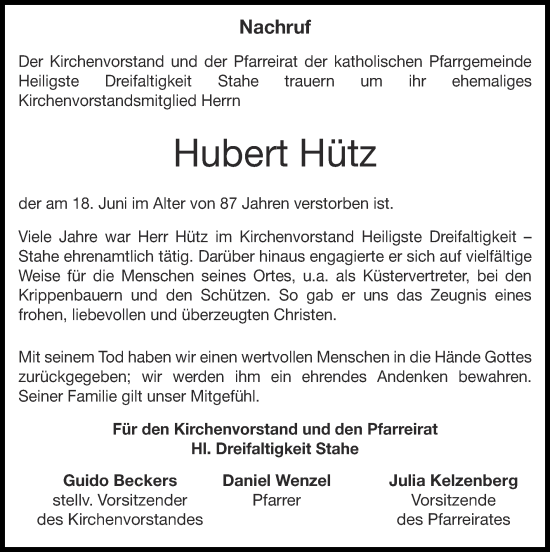 Traueranzeige von Hubert Hütz von Zeitung am Sonntag