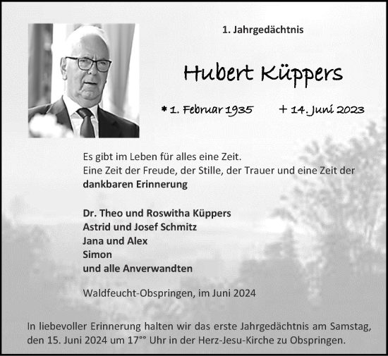 Traueranzeige von Hubert Küppers von Zeitung am Sonntag