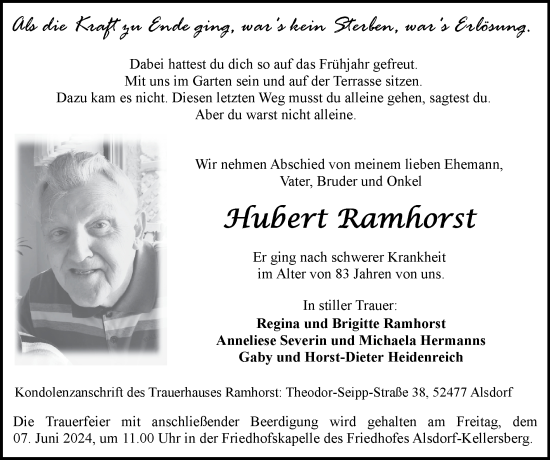 Traueranzeige von Hubert Ramhorst von Zeitung am Sonntag