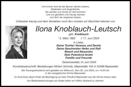 Traueranzeige von Ilona Knoblauch-Leutsch von Zeitung am Sonntag