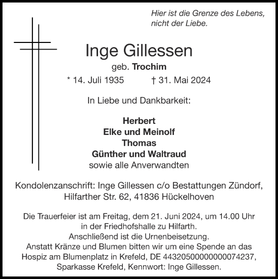 Traueranzeige von Inge Gillessen von Zeitung am Sonntag
