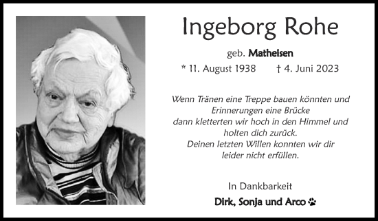 Traueranzeige von Ingeborg Rohe von Zeitung am Sonntag