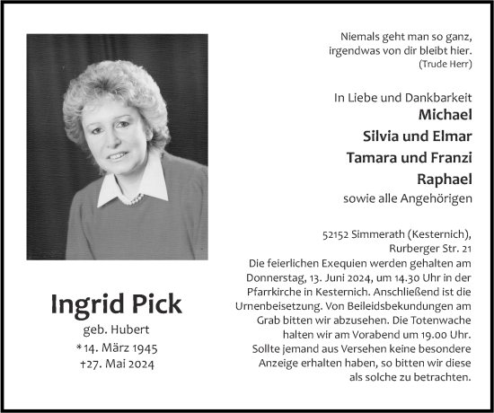 Traueranzeige von Ingrid Pick von Zeitung am Sonntag