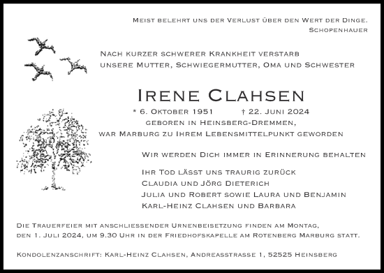Traueranzeige von Irene Clahsen von Zeitung am Sonntag
