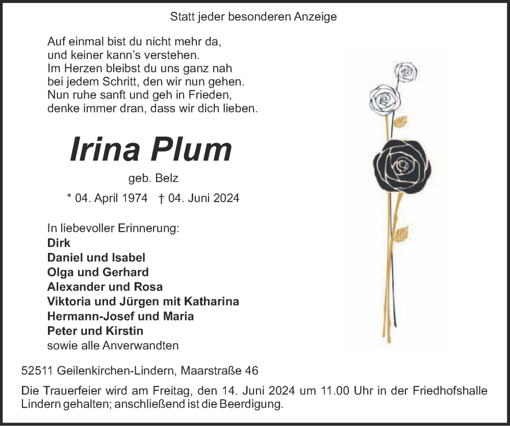 Traueranzeige für Irina Plum vom 09.06.2024 aus Zeitung am Sonntag