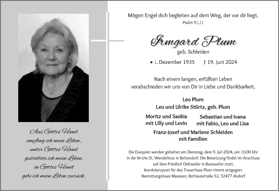 Traueranzeige von Irmgard Plum von Zeitung am Sonntag