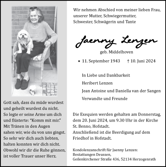 Traueranzeige von Jaenny Lenzen von Zeitung am Sonntag