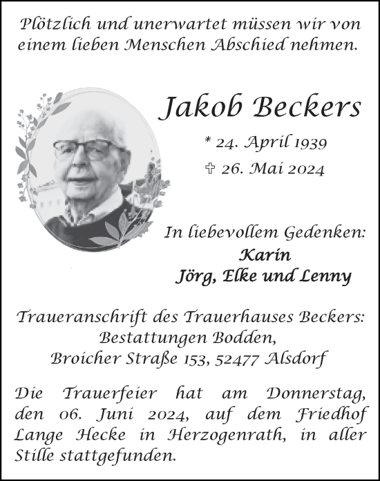 Traueranzeige von Jakob Beckers von Zeitung am Sonntag