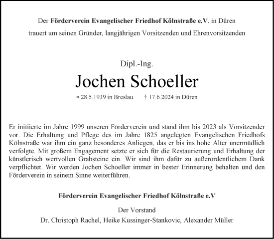 Traueranzeige von Jochen Schoeller von Aachener Zeitung
