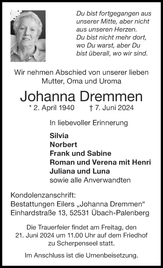 Traueranzeige von Johanna Dremmen von Zeitung am Sonntag