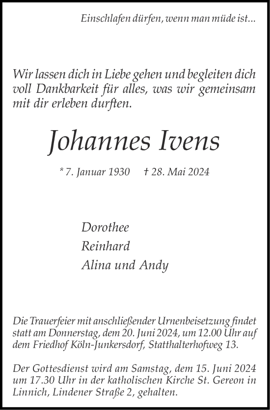 Traueranzeige von Johannes Ivens von Zeitung am Sonntag