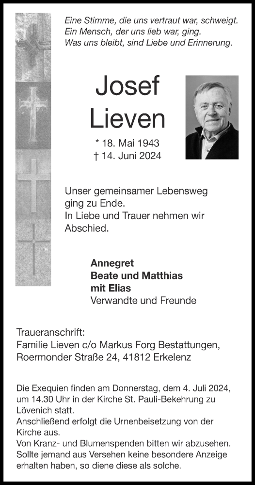 Traueranzeige von Josef Lieven von Zeitung am Sonntag